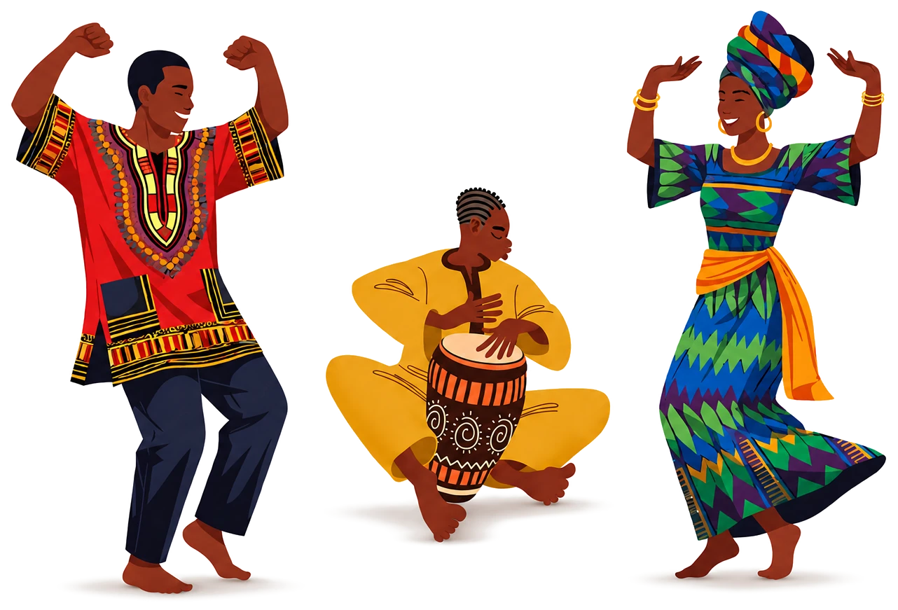 Illustration of three people dancing and playing a drum together